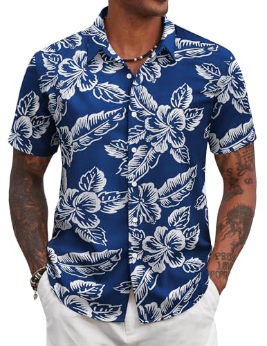 COOFANDY Hawaii Hemd Männer Kurzarmhemd Leichte Sommerhemd Hawaiihemd Urlaub Blumen Hemden Kurzarm Herrenhemd Strandhemd Marineblau & Weiß XXL von COOFANDY