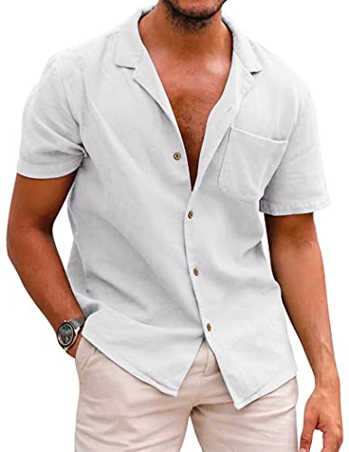 COOFANDY Leinenhemd Herren Kurzarm Sommerhemd Freizeit Regular Fit Leinen Kurzarmhemd Bügelfrei Herren Hemden Weiß M von COOFANDY
