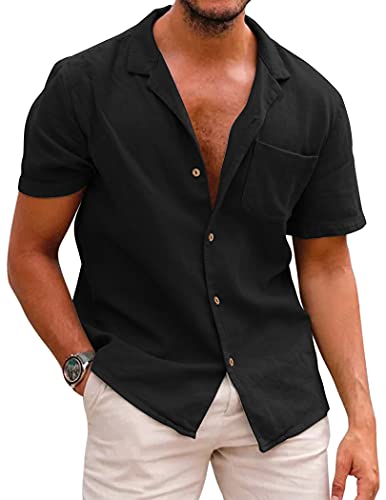 COOFANDY Herren Hemd Sommer Leinenhemd Kurzarm Herrenhemd Freizeit Hemden Einfarbig Basic Beach Shirt for Männer Schwarz L von COOFANDY