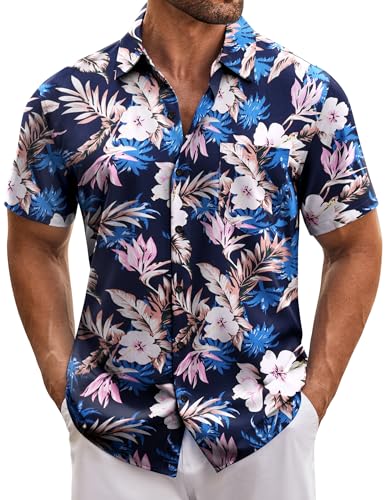 COOFANDY Hawaii Hemd Männer Sommer Blumenmuster Hemd Herren Kurzarm Casual Hawaii Hemden Outdoor Strandhemd mit Tasche Blau XXL von COOFANDY