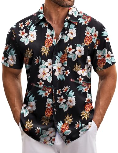 COOFANDY Hawaii Hemd Männer Sommer Button Down Hemden Herren Kurzarm Casual Hawaiihemd Blumenmuster Strandhemd mit Taschen Schwarz L von COOFANDY