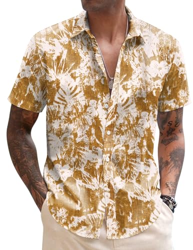 COOFANDY Hawaii Hemd Männer Sommer Herren Blumen Hemd Leinenhemd Quick Dry Hemd Button Down Hemd Sommer Strandhemd Regular Fit Tropical Hemd Bali-Gelb XXL von COOFANDY