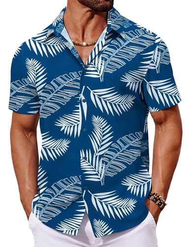 COOFANDY Hawaii Hemd Herren Sommerhemd Kurzarm Hawaiihemd Kurzarmhemd Palme Hemd Strandhemd Palmblätter Blau XXL von COOFANDY