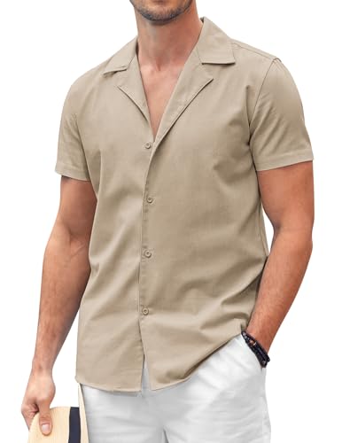 COOFANDY Hawaii Leinenhemd Kurzarm Herren Sommer Casual Freizeithemden Regular Fit Einfarbig Leinenshirt Outdoor Shirt Helles Khaki XL von COOFANDY