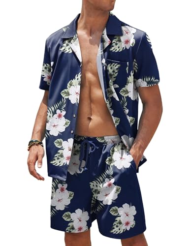 COOFANDY Hawaii Outfit Herren Kurzarm Freizeit Party Strandhemd Sommer Floral Outfit Button Down Festival Hemd und Shorts Blau L von COOFANDY