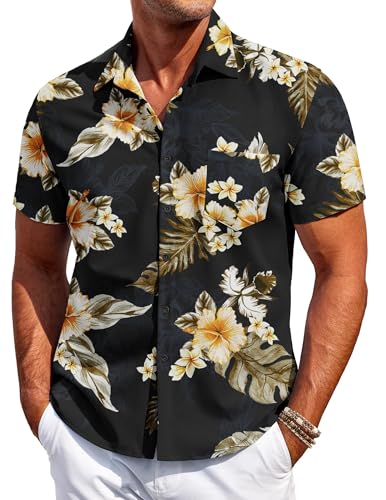 COOFANDY Hawaiihemd Herren Hemd Kurzarm Freizeithemden Sommerhemd Männer Blumen Urlaub Strand Hemd mit Taschen Regular Fit Blume-Schwarz 3XL von COOFANDY
