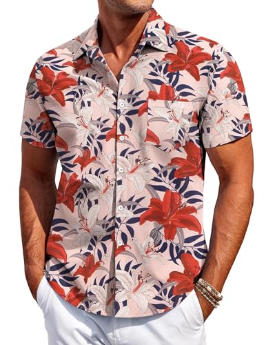 COOFANDY Hawaiihemd Herren Hemd Kurzarm Freizeithemden Sommerhemd Männer Blumen Urlaub Strand Hemd mit Taschen Regular Fit Blumen-Lilie XXL von COOFANDY