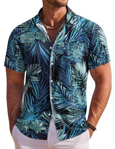 COOFANDY Hawaiihemd Herren Hemd Kurzarm Sommerhemd Herren Freizeithemden Blumen Urlaub Strand Hemd Regular Fit Blau&Grün-Blatt 3XL von COOFANDY