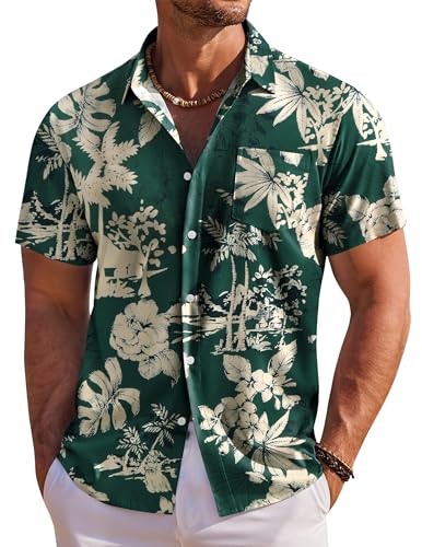 COOFANDY Hawaiihemd Herren Hemd Kurzarm Sommerhemd Herren Freizeithemden Blumen Urlaub Strand Hemd Regular Fit Grün-Palme 3XL von COOFANDY