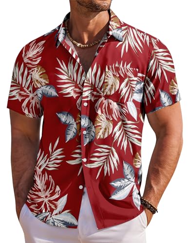 COOFANDY Hawaiihemd Herren Hemd Kurzarm Sommerhemd Herren Freizeithemden Blumen Urlaub Strand Hemd Regular Fit Rot-Tropisches Blatt XXL von COOFANDY