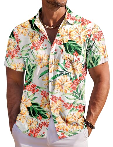 COOFANDY Hawaiihemd Herren Kurzarm Blumen Hemd Herren Hemd Sommer Bügelfrei Freizeithemd Urlaubshemd Strand Hemd Weiß-Blume 3XL von COOFANDY