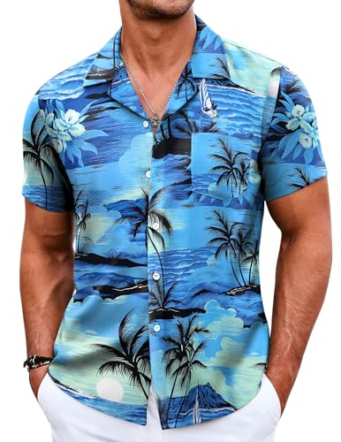 COOFANDY Hawaiihemd Herren Kurzarm Bügelfrei Hemd Slim Fit Sommerhemd Herren Freizeithemden Blumen Urlaub Strand Hemd Blau Kokospalme XXL von COOFANDY