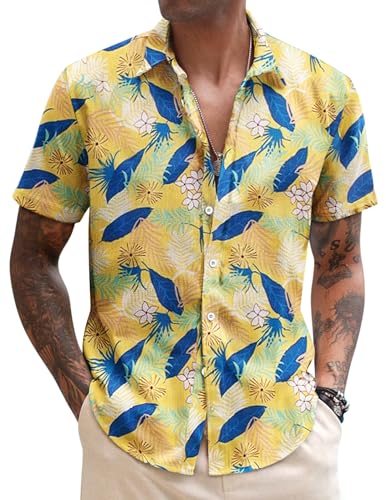COOFANDY Hawaiihemd Herren Kurzarm Freizeithemden Für Herren Floral Hemd Tropical Hemd Herren Sommer Strand Hawaii Hemd Regular Fit Button Down Shirt PAT11 XL von COOFANDY