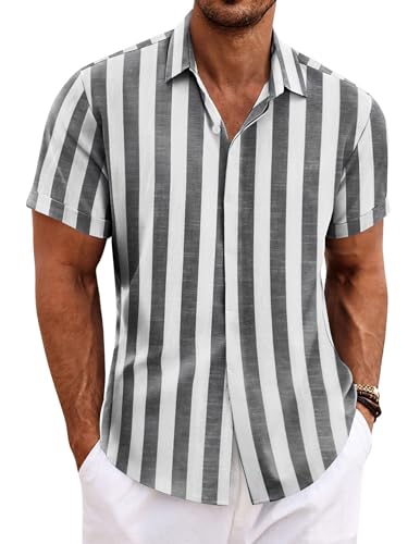 COOFANDY Hawaiihemd Herren Kurzarm Gestreiftes Freizeithemd Strand Sommerhemd Graue Streifen XL von COOFANDY