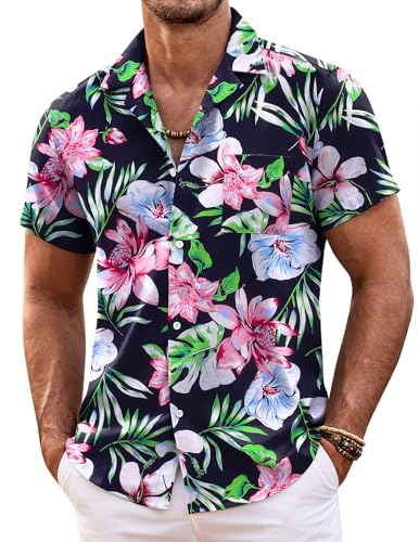 COOFANDY Hawaiihemd Herren Kurzarm Hemden Sommerhemd Kurzarm Strand Blumenhemd Leichte Urlaub Kurzarmhemden Button Down Hawaii Hemden mit Brusttasche Schwarz- Tropisches Blumenmuster XXL von COOFANDY