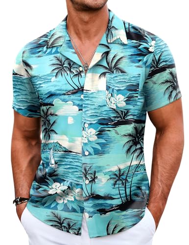 COOFANDY Hawaiihemd Herren Kurzarm Sommerhemd Bügelfrei Blumen Shirt Urlaub Party Strandhemd Kurzarmhemd Hellblau Kokospalme XXL von COOFANDY
