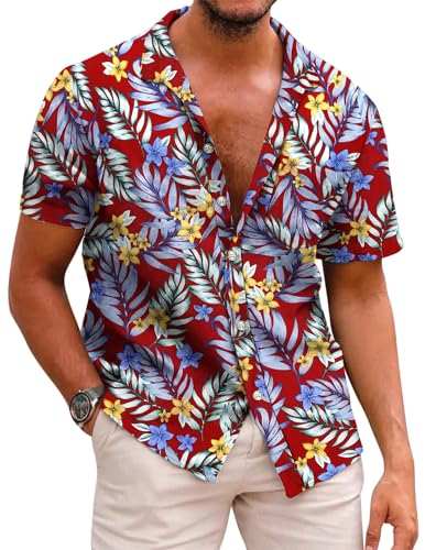 COOFANDY Hawaiihemd Herren Kurzarmhemd Sommer Herrenhemden Kurzarm Baumwolle Blumen Shirt Floral Strandhemd Bügelfrei Button Down Kurzarm Hawaii Shirt A-Weinrot L von COOFANDY