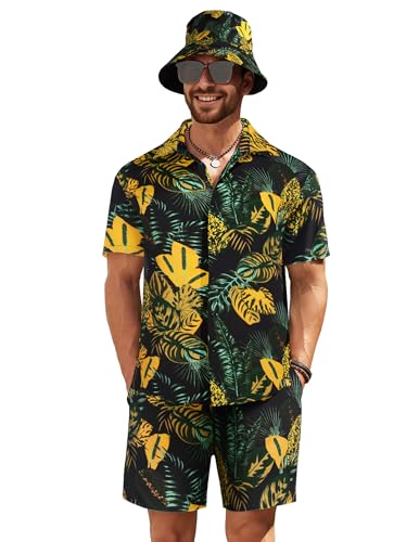 COOFANDY Hawaiihemd und kurze Blumenhemden für Herren, Urlaubs-Outfits, Sets mit Fischerhüten, Schwarz-gelbe Blätter, XL von COOFANDY