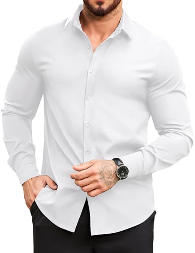 COOFANDY Hemd Herren Bügelfrei Freizeithemd Langarm Button Down Einfarbiges Slim Fit Oberhemden Weiß L von COOFANDY