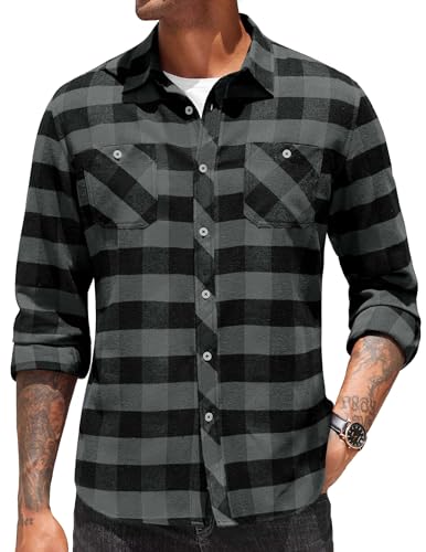 COOFANDY Hemd Herren Flanellhemd Langarm Freizeithemden Karierte Baumwollhemd Männer Karohemd Regular Fit Holzfällerhemd mit Ttaschen Schwarz & Grau M von COOFANDY