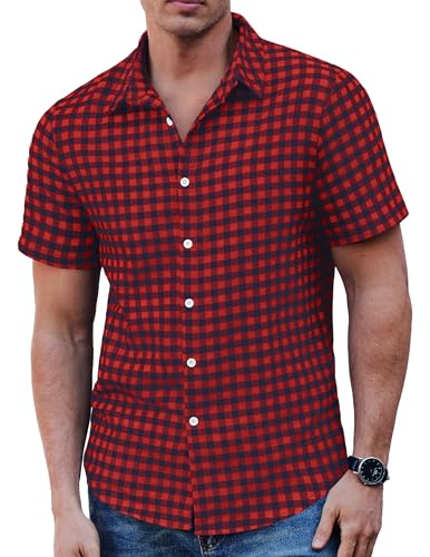 COOFANDY Hemd Herren Kariert Kurzarm Karohemd Trachtenhemd Flanellhemd Freizeithemd Regular Fit Rot Blau XXL von COOFANDY
