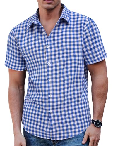 COOFANDY Hemd Herren Kariert Kurzarm Trachtenhemd Casual Freizeithemd Regular Fit Sommer Weiß Blau M von COOFANDY