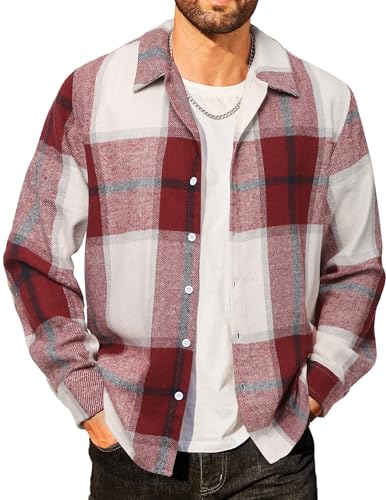 COOFANDY Hemd Herren Kariertes Flanel Hemd aus Baumwolle Langarm Winter Regular Fit Karo Holzfällerhemd Rot & Weiß XL von COOFANDY
