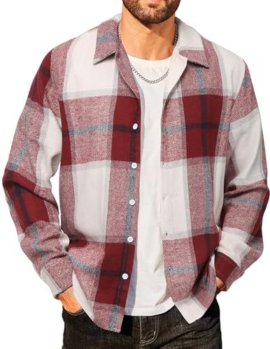 COOFANDY Hemd Herren Kariertes Flanellhemd aus Baumwolle Langarm Winter Karo Holzfällerhemd Rot & Weiß XXL von COOFANDY