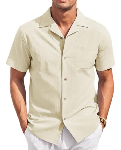 COOFANDY Hemd Herren Kurzarm Baumwolle Leinen Sommerhemd Regular Fit Leinenhemd Freizeithemd mit Brusttasche Strand Beige XL von COOFANDY