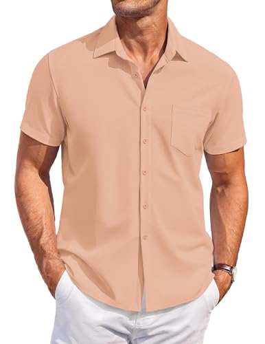 COOFANDY Hemd Herren Kurzarm Bügelfrei Business Hemd Urlaubshemd Sommer Strand Hemd Kurzarmhemd Herren Rosa 3XL von COOFANDY