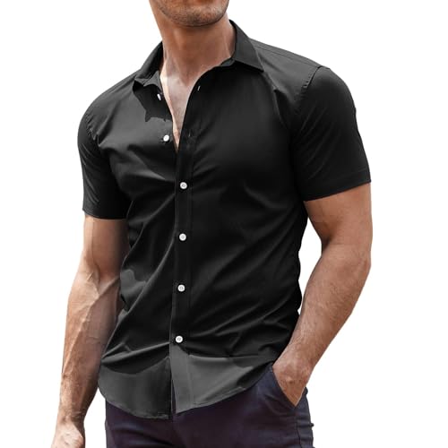 COOFANDY Hemd Herren Kurzarm Bügelfrei Businesshemd Regular Fit Freizeithemden Baumwolle Stretch herrenhemd Kurzarm Sommerhemd Formales Hemd Schwarz L von COOFANDY