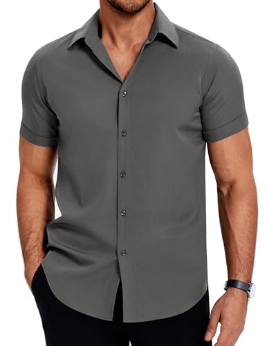 COOFANDY Hemd Herren Kurzarm Sommer Leicht Hemden Männer Regular Fit Freizeithemden Button Down Business Hemden Dunkelgrau XXL von COOFANDY