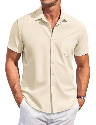 COOFANDY Hemd Herren Kurzarm Leinenhemd Freizeithemd Business Button Down Hemd mit Taschen Casual Shirts Regular Fit Sommer Hemd Beige L von COOFANDY