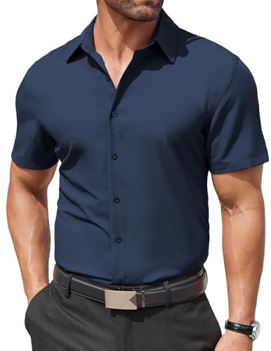 COOFANDY Herren Hemden Kurzarm Business Hemd Wrinkle Free Hemd Sommerhemd Freizeithemd Einfarbig Basic Männer Kurzarmhemd Navy Blau XXL von COOFANDY