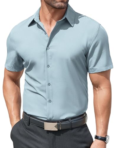 COOFANDY Herren Hemden Kurzarm Business Hemd Wrinkle Free Hemd Sommerhemd Freizeithemd Einfarbig Basic Männer Kurzarmhemd Hellblau XXL von COOFANDY