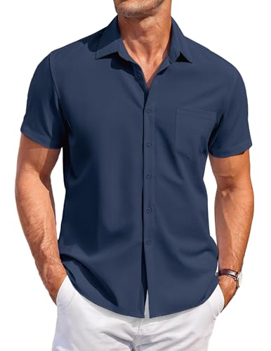 COOFANDY Hemd Herren Kurzarm Business Leinenhemd Freizeithemd Bügelfrei Button Down Hemd mit Taschen Casual Shirts Regular Fit Sommer Hemd Dunkelblau L von COOFANDY