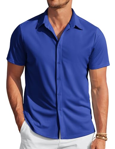 COOFANDY Hemd Herren Kurzarm Casual Bügelfrei Sommerhemden Button Down Strand Shirts Herren Freizeithemd Blau S von COOFANDY