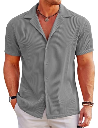 COOFANDY Hemd Herren Kurzarm Freizeit Hemd Sommer Hemd Normale Passform Urlaub Shirt Button Down Hemd Einfarbig Dunkelgrau 3XL von COOFANDY