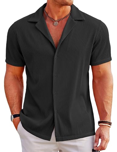 COOFANDY Hemd Herren Kurzarm Freizeit Hemd Sommer Hemd Normale Passform Urlaub Shirt Button Down Hemd Einfarbig Schwarz XL von COOFANDY