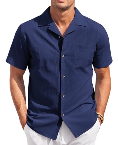 COOFANDY Hemd Herren Kurzarm Freizeithemd Baumwolle Sommer Strandhemd Kubanischer Kragen Kurzarmhemden mit Tasche Regular Fit Navyblau L von COOFANDY