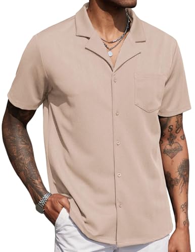 COOFANDY Hemd Herren Kurzarm Freizeithemd Regular Fit Strandhemd Sommer Hemden Cuban Button Down Hemd mit Tasche Khaki 3XL von COOFANDY