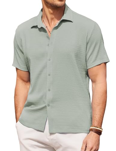 COOFANDY Herren Hemd Kurzarm Sommerhemd Strandhemd Freizeithemden Für Herren Herrenhemd Kurzarm Casual Hemden Männer Button Down Hemd Regular Fit Hellgrün L von COOFANDY