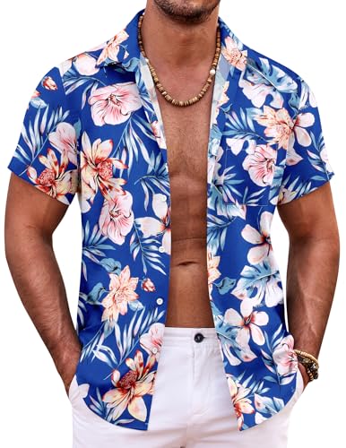 COOFANDY Hemd Herren Kurzarm Hawaii Hemd Leichtes Sommer Strand Hemd Urlaub Party Freizeithemd Blaue Blumen XXL von COOFANDY