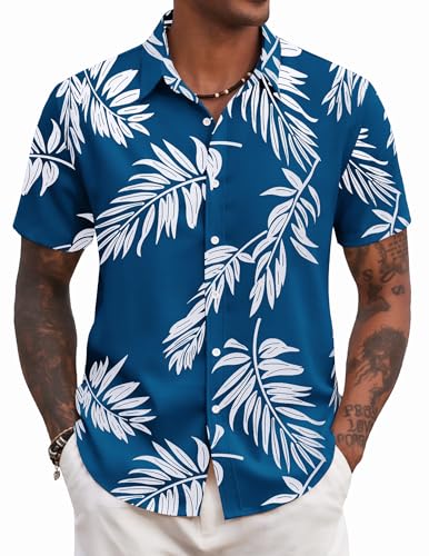 COOFANDY Hawaii Hemd Männer Leichtes Sommerhemd Hemd Herren Kurzarm Herrenhemd Freizeithemd Strandhemd Urlaubshemd Sommer Kurzarmhemd Marineblau & Palmblatt L von COOFANDY