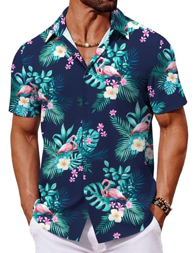 COOFANDY Hemd Herren Kurzarm Hawaii Flamingo Hemd Tropical Hawaiian Hemden Sommerhemd Leichte Kurzarmhemd Blumen Shirts Flamingo Navy M von COOFANDY
