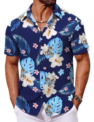 COOFANDY Hemd Herren Kurzarm Hawaiihemd Sommerhemd Kurzarm Herrenhemd Blumen Hemd Hawaii Hemden Männer Strandhemd Blumen Blätter Blau XXL von COOFANDY