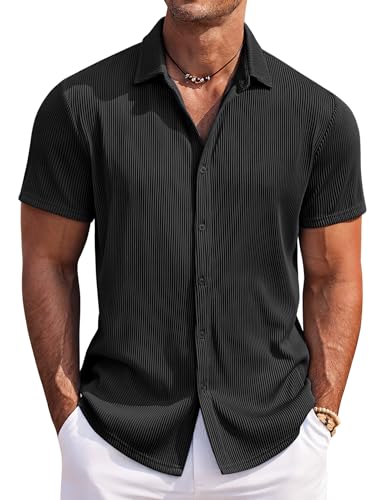 COOFANDY Hemd Herren Kurzarm Hawaiihemd Männer Kurzarm Kuba-Kragen Sommer Casual Basic Bügelfrei Hemden Schwarz L von COOFANDY