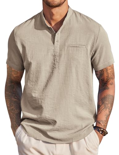 COOFANDY Hemd Herren Kurzarm Henley Shirt Männer Sommer Hemd Strand Herrenhemd Kurzarm Freizeithemd Sommer Tshirt Party Stehkragen Leicht Khaki M von COOFANDY