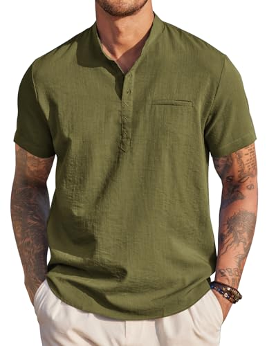 COOFANDY Hemd Herren Kurzarm Henley Shirt Männer Sommer Hemd Strand Herrenhemd Kurzarm Sommer Tshirt Freizeithemd Basic Shirt Mit Leinenoptik Armeegrün L von COOFANDY