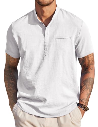 COOFANDY Herren Henley Hemd Weiß M - Kurzarm, Stehkragen, Leinenoptik, Regular Fit - Sommerhemd, Freizeithemd, Basic Shirt von COOFANDY